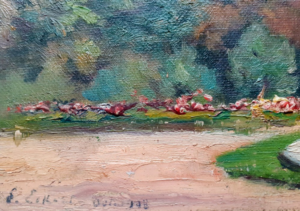 Autumn colours 1908, statue in the park , coloured trees, arts and crafts period French landscape oil on canvas painting View V