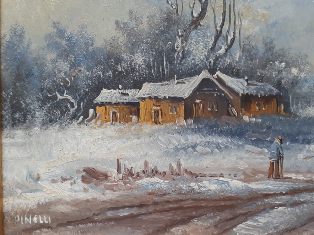 Winter Snow Scene with lone figure oil on board View II