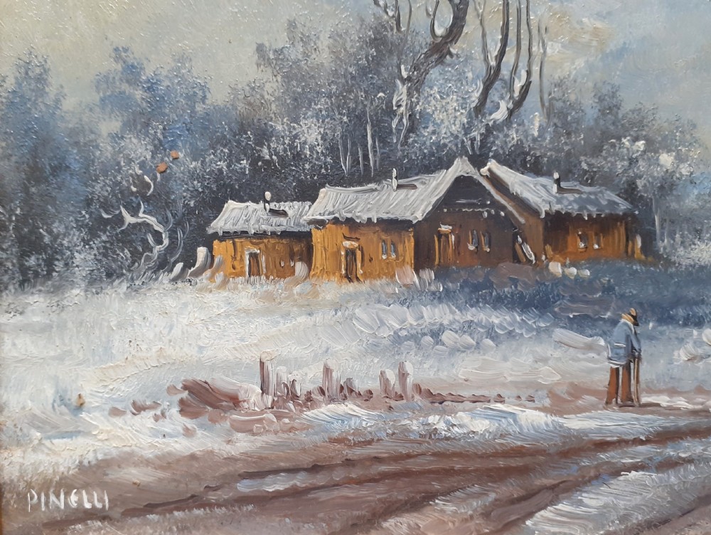 Winter Snow Scene with lone figure oil on board View III