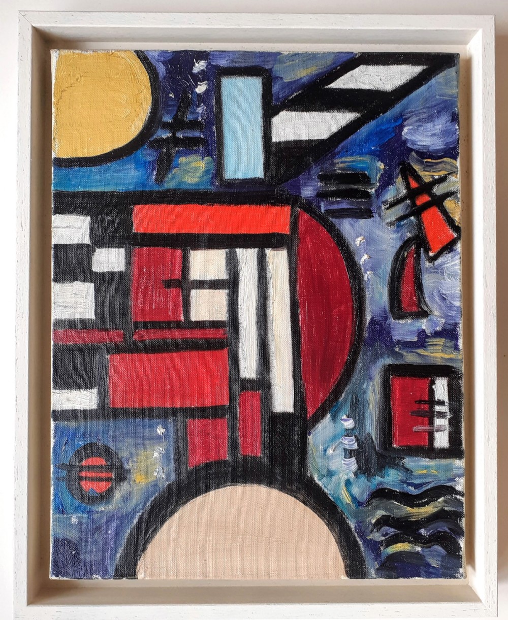 Constructivist abstract composition by German Bauhaus student Gisevius oil on canvas, 1967 View II