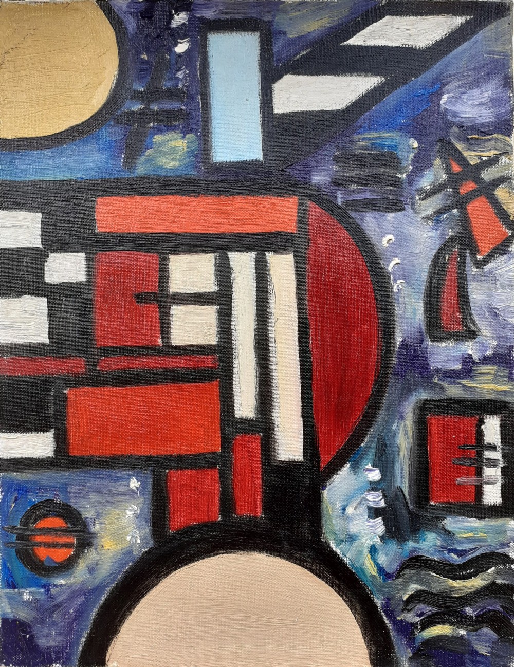 Constructivist abstract composition by German Bauhaus student Gisevius oil on canvas, 1967 View V