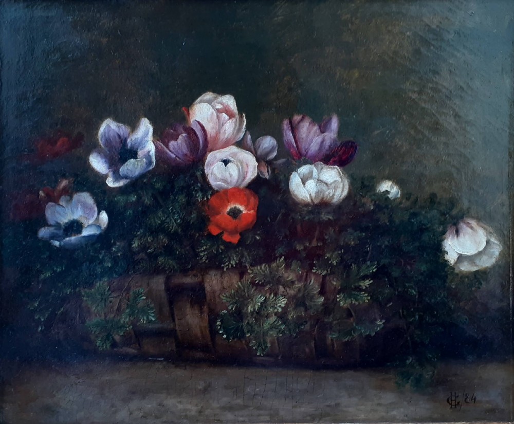 A 19th-century oil painting depicting colourful anemone flowers arranged inside a woven wicker basket against a dark background.