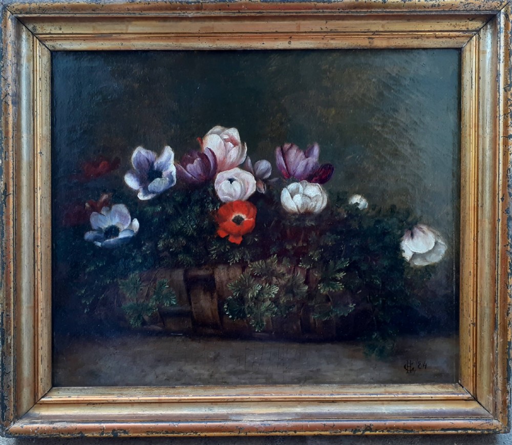 A 19th-century oil painting depicting colourful anemone flowers arranged inside a woven wicker basket against a dark background. View II