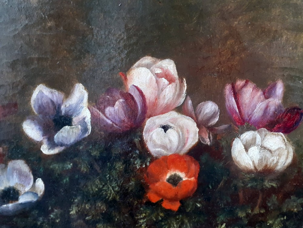 A 19th-century oil painting depicting colourful anemone flowers arranged inside a woven wicker basket against a dark background. View IV