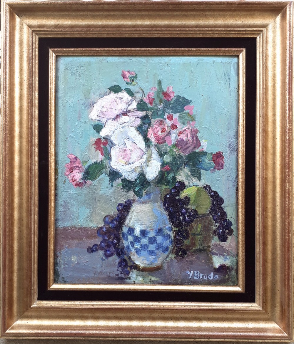Exuberant art deco period floral still life with Roses and Grapes, circa 1925, French woman artist oil on panel View II
