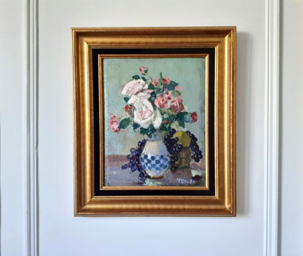 Exuberant art deco period floral still life with Roses and Grapes, circa 1925, French woman artist oil on panel View III