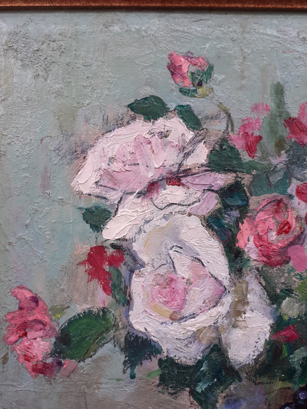 Exuberant art deco period floral still life with Roses and Grapes, circa 1925, French woman artist oil on panel View V
