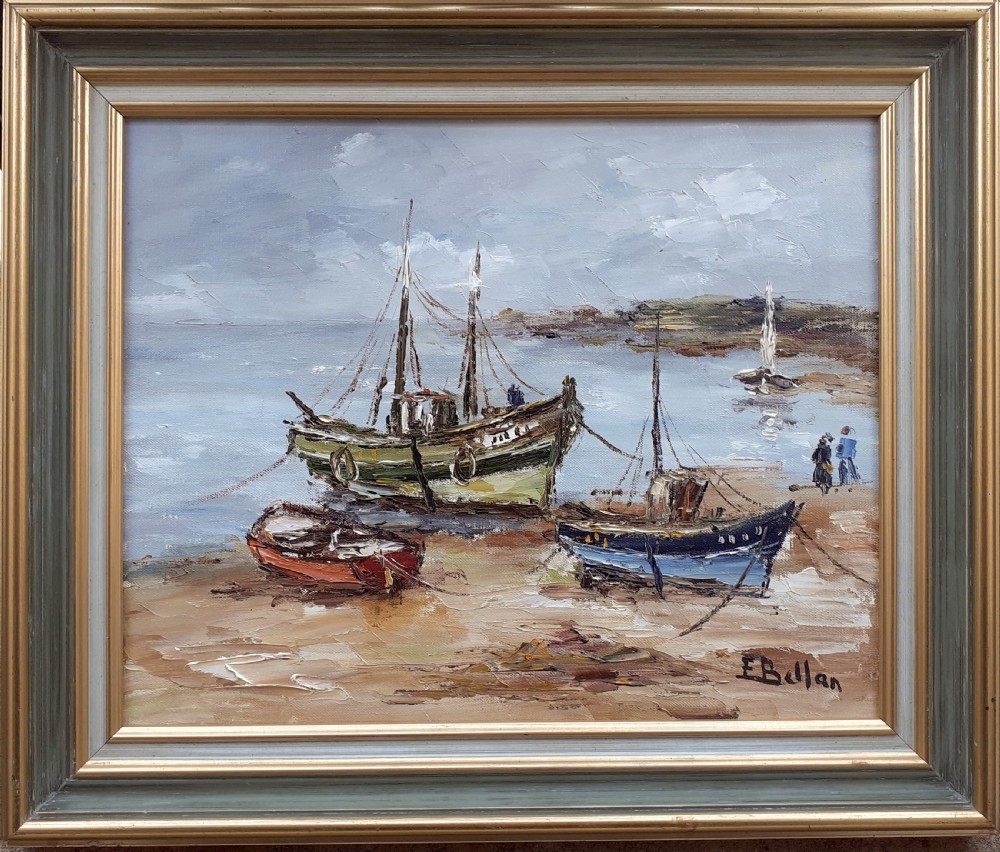 Boats at low tide, the beach, Atlantic ocean seascape French marine oil on canvas painting View II