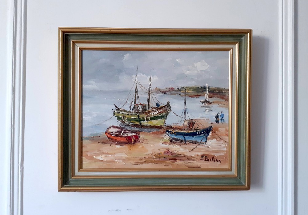 Boats at low tide, the beach, Atlantic ocean seascape French marine oil on canvas painting View III