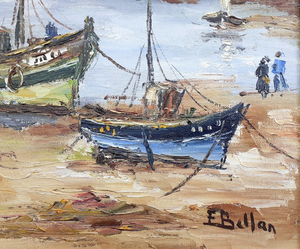 Boats at low tide, the beach, Atlantic ocean seascape French marine oil on canvas painting View IV