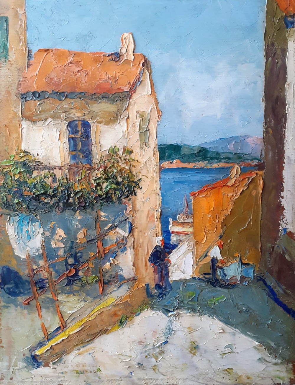 Figures in a Cote d'Azur fishing village, Provence, the South of France ca 1930 mediterranean landscape oil on board