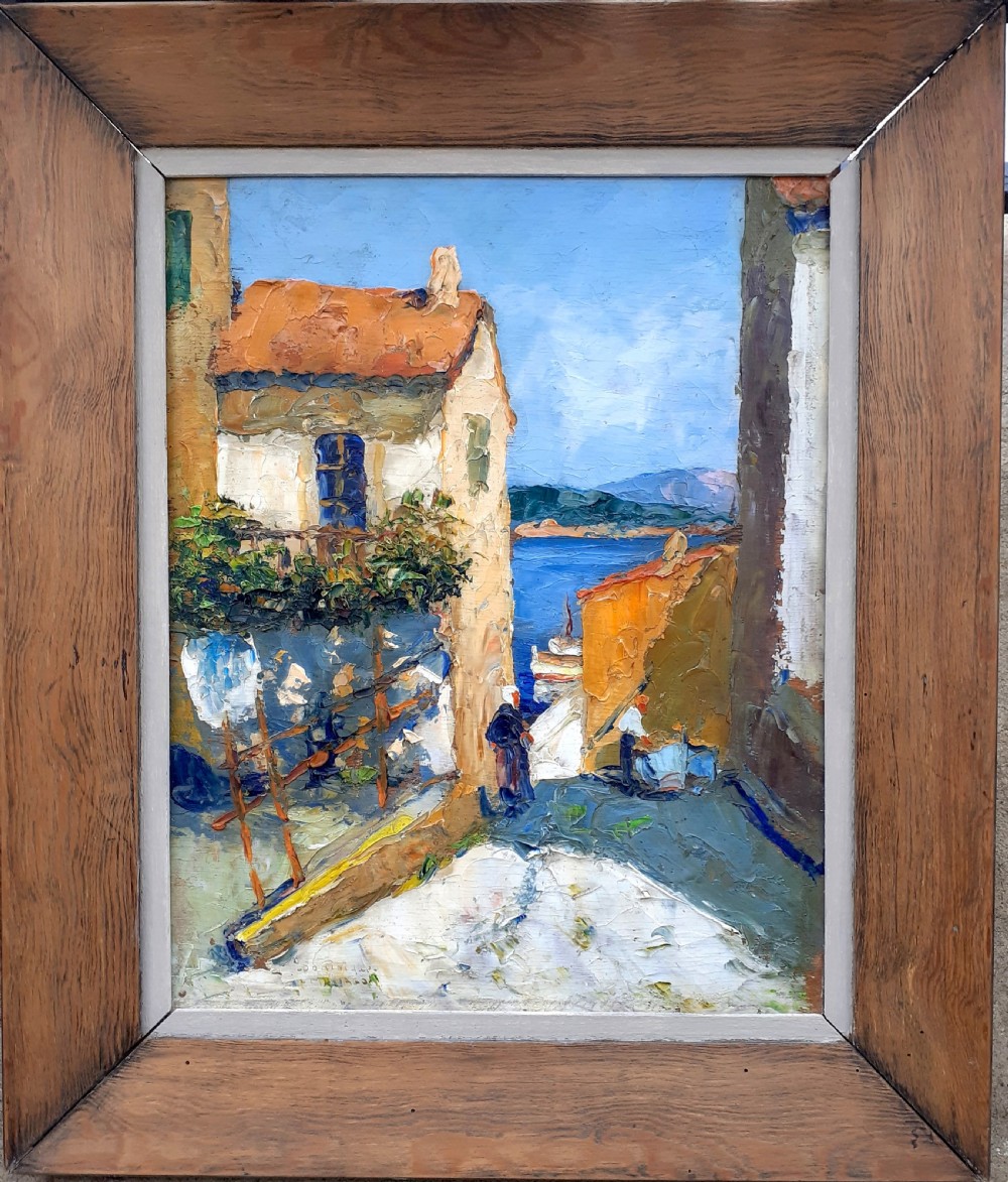 Figures in a Cote d'Azur fishing village, Provence, the South of France ca 1930 mediterranean landscape oil on board View II