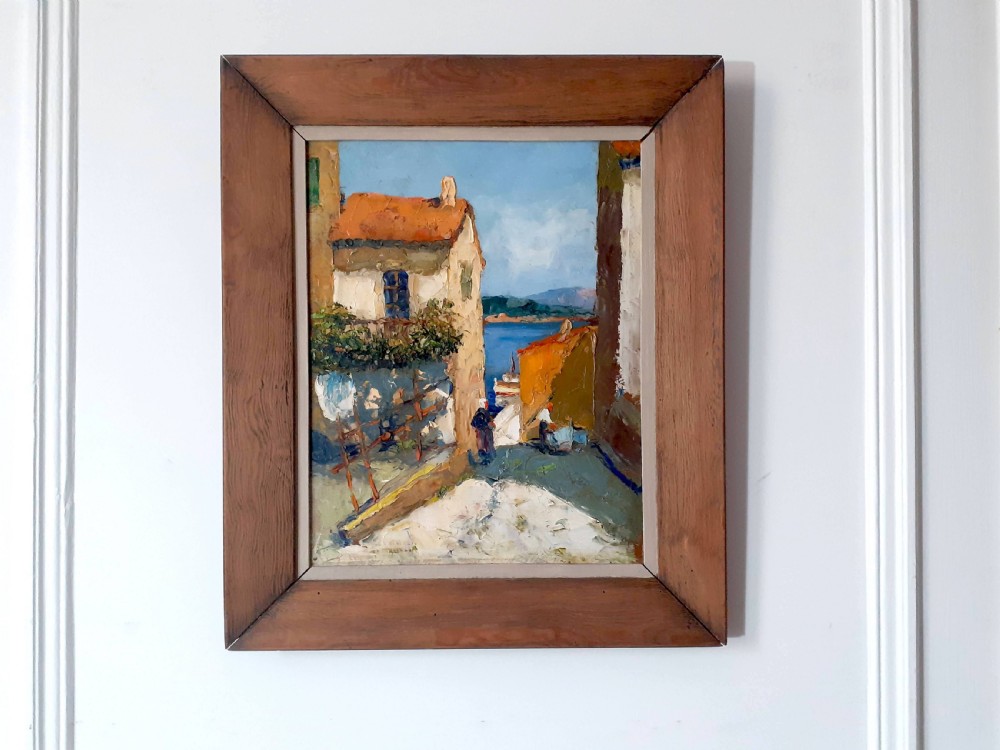 Figures in a Cote d'Azur fishing village, Provence, the South of France ca 1930 mediterranean landscape oil on board View III