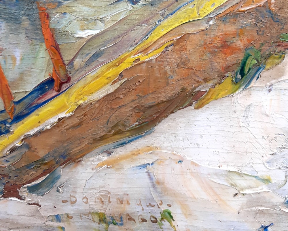 Figures in a Cote d'Azur fishing village, Provence, the South of France ca 1930 mediterranean landscape oil on board View IV
