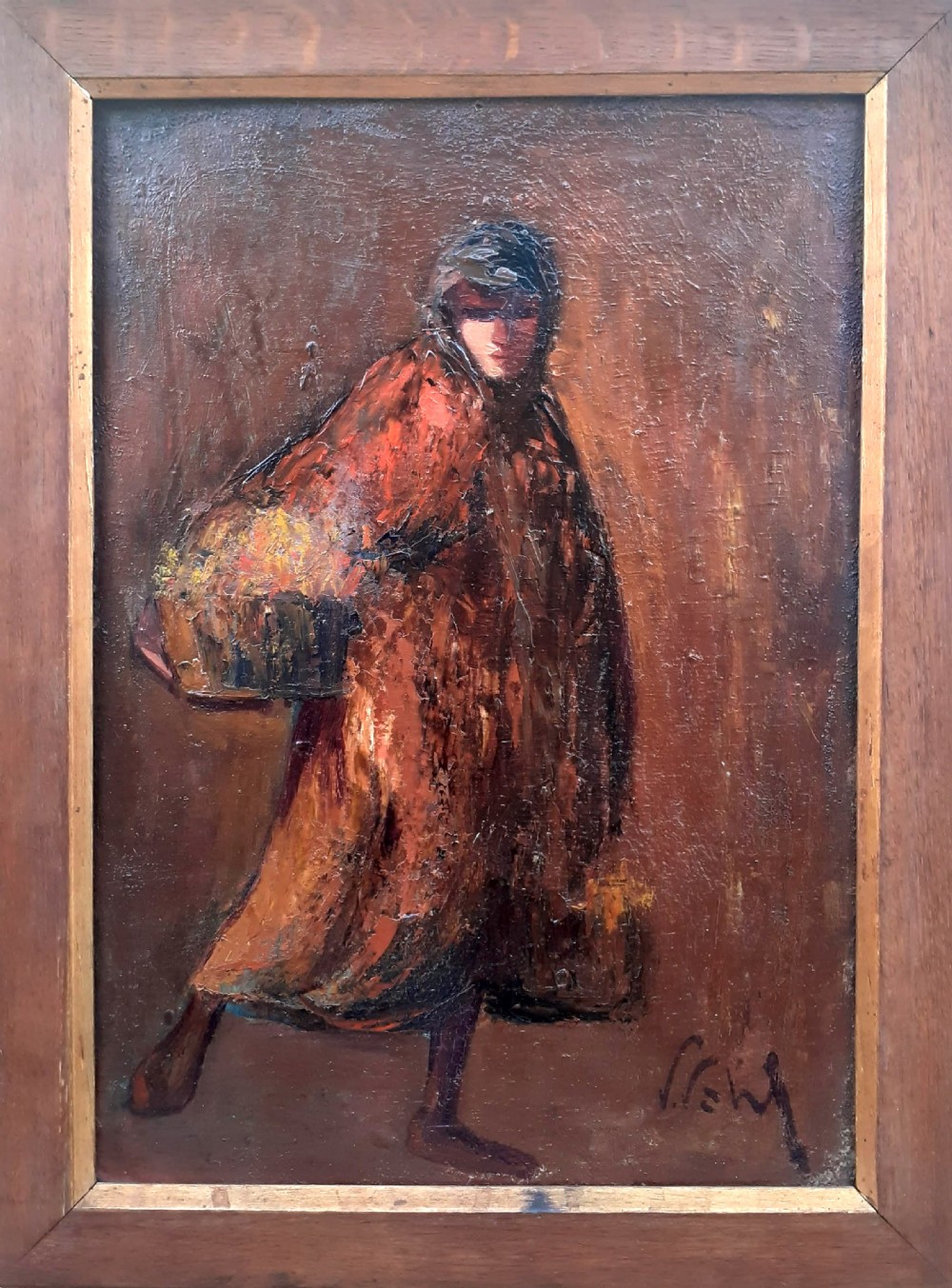 Flower seller on her way to the market: dramatic arts and crafts period ca 1920 oil on board View VII