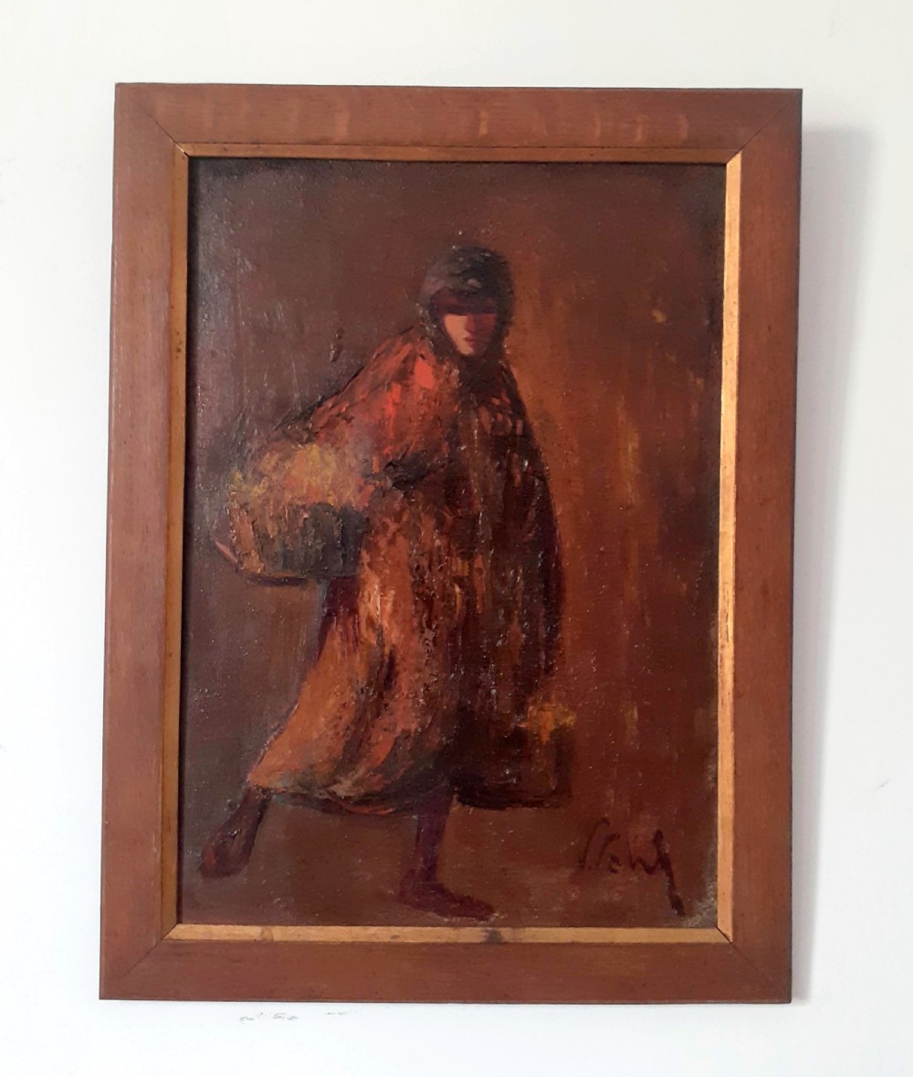 Flower seller on her way to the market: dramatic arts and crafts period ca 1920 oil on board View III