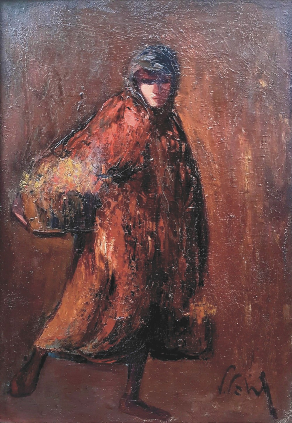 Flower seller on her way to the market: dramatic arts and crafts period ca 1920 oil on board
