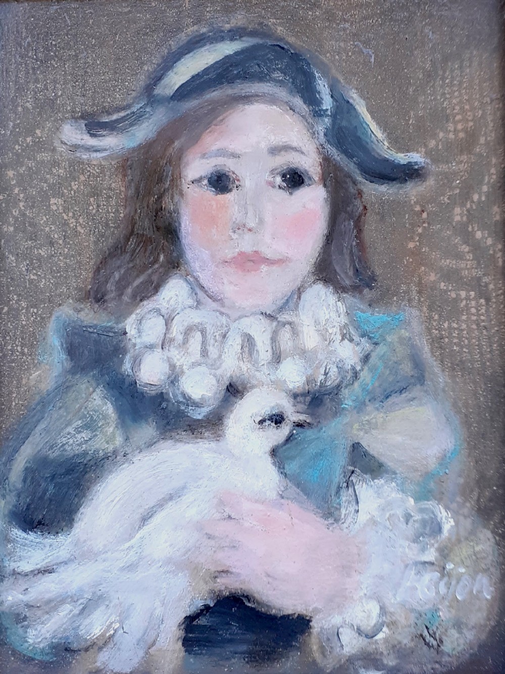 Harlequin with a Dove: modernist mid century French Swedish woman artist oil on panel
