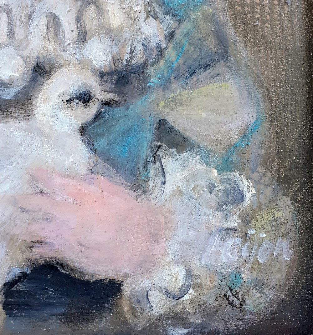 Harlequin with a Dove: modernist mid century French Swedish woman artist oil on panel View III