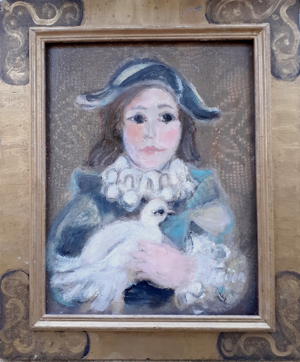 Harlequin with a Dove: modernist mid century French Swedish woman artist oil on panel View IV