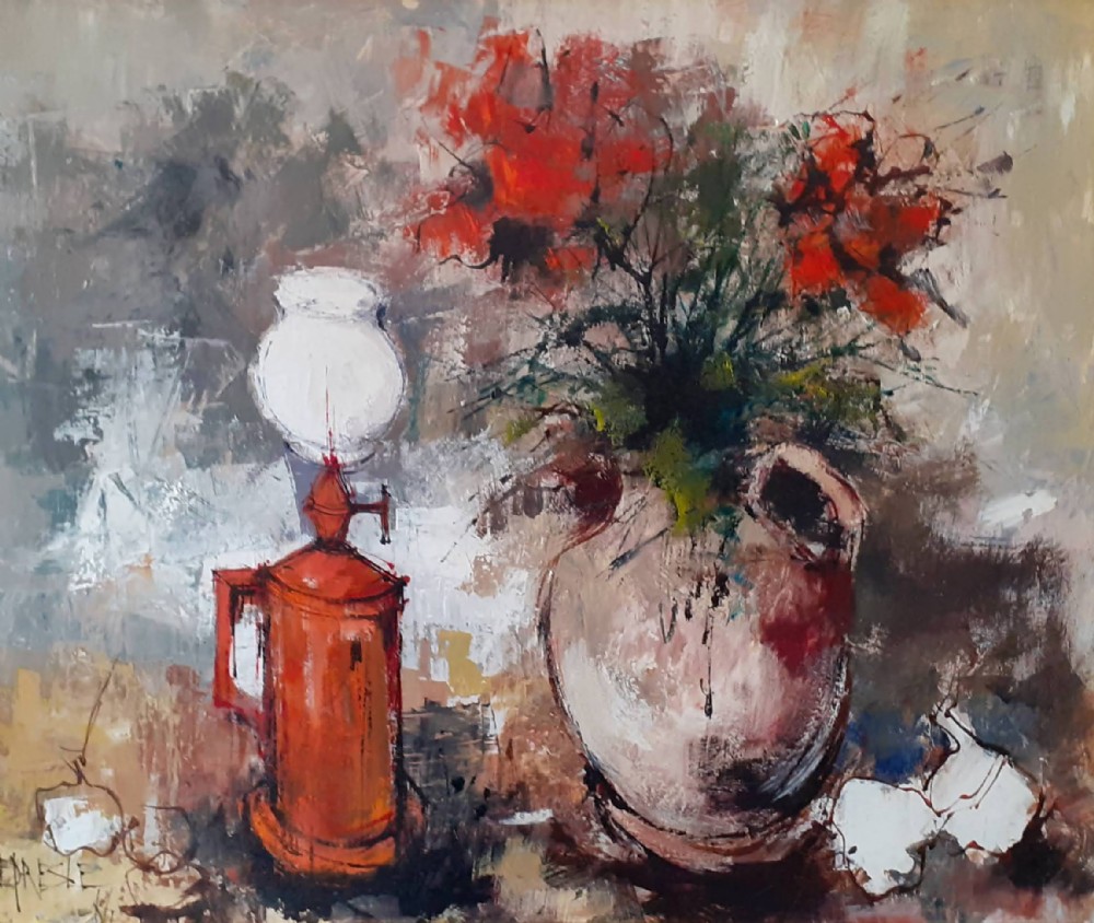 A modernist oil painting on canvas depicting red flowers in a terracotta jar alongside a red Pigeon lamp against a textured grey background.