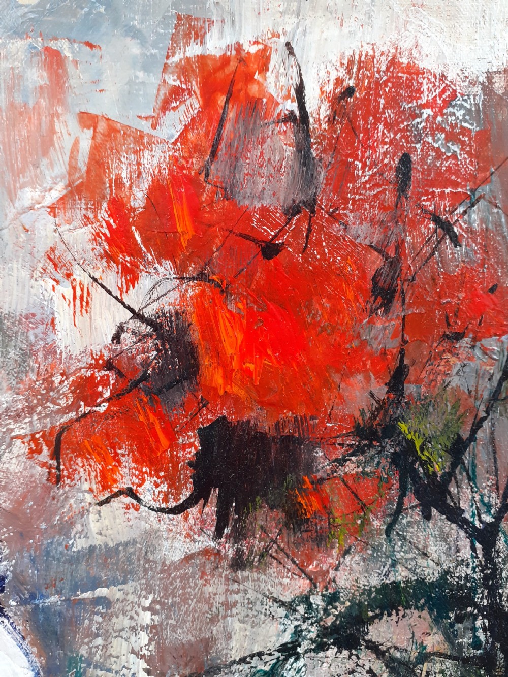 A modernist oil painting on canvas depicting red flowers in a terracotta jar alongside a red Pigeon lamp against a textured grey background. View III