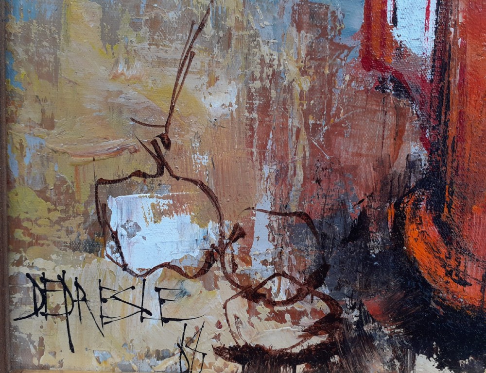 A modernist oil painting on canvas depicting red flowers in a terracotta jar alongside a red Pigeon lamp against a textured grey background. View IV
