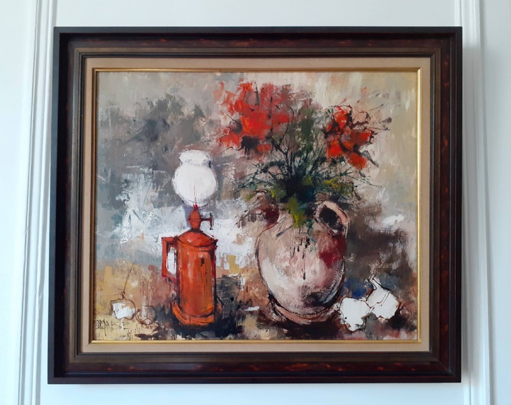 A modernist oil painting on canvas depicting red flowers in a terracotta jar alongside a red Pigeon lamp against a textured grey background. View V
