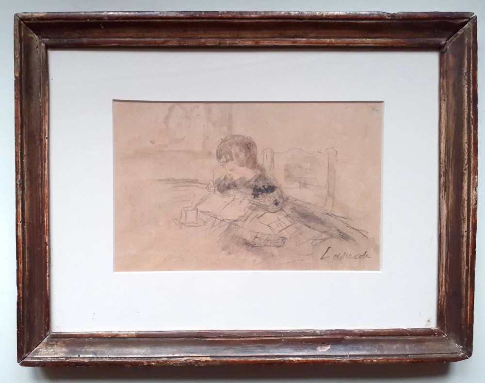Homework: the little schoolboy writing, ca 1910: French modern master Pierre Laprade (1875) wonderful provenance graphite and watercolour on paper View VII