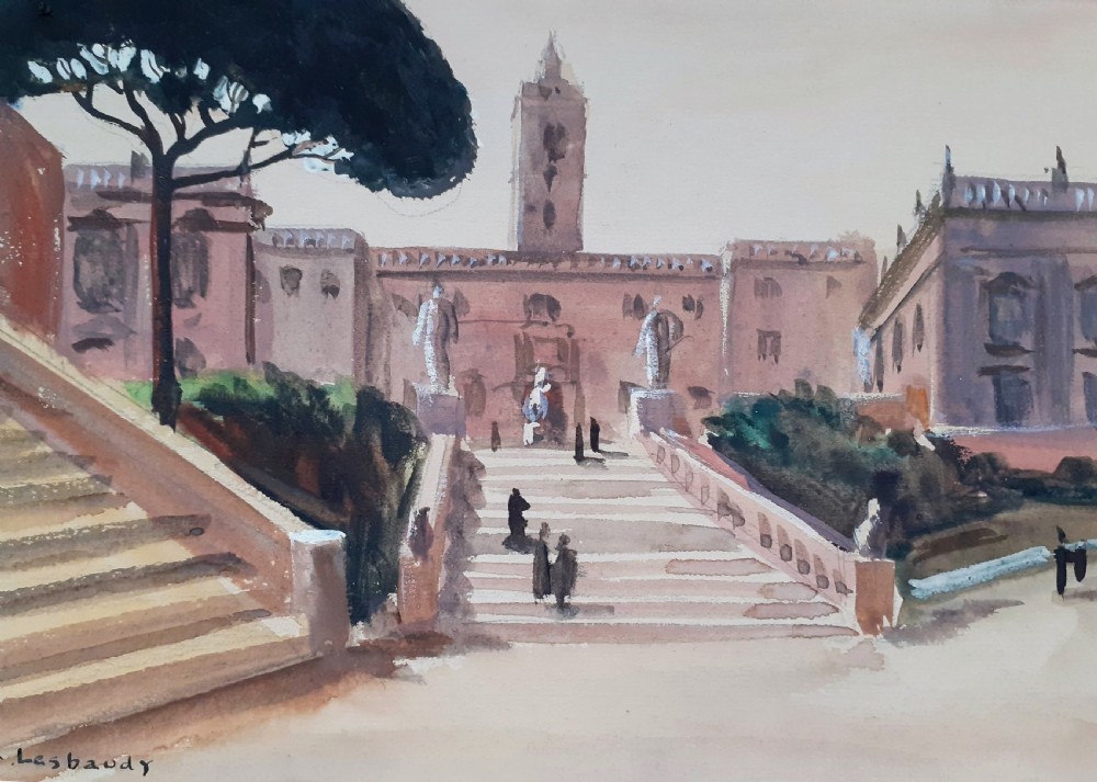 Figures in a Roman square, art deco period ca 1930 view of Rome, Italy, by French woman artist gouache on paper
