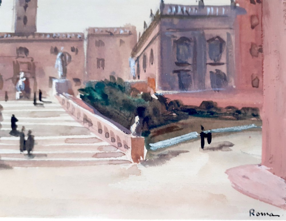 Figures in a Roman square, art deco period ca 1930 view of Rome, Italy, by French woman artist gouache on paper View II