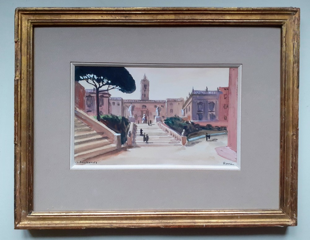 Figures in a Roman square, art deco period ca 1930 view of Rome, Italy, by French woman artist gouache on paper View III