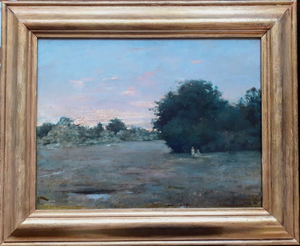 French Symbolist landscape with figures, evening light 1907, oil on panel View III