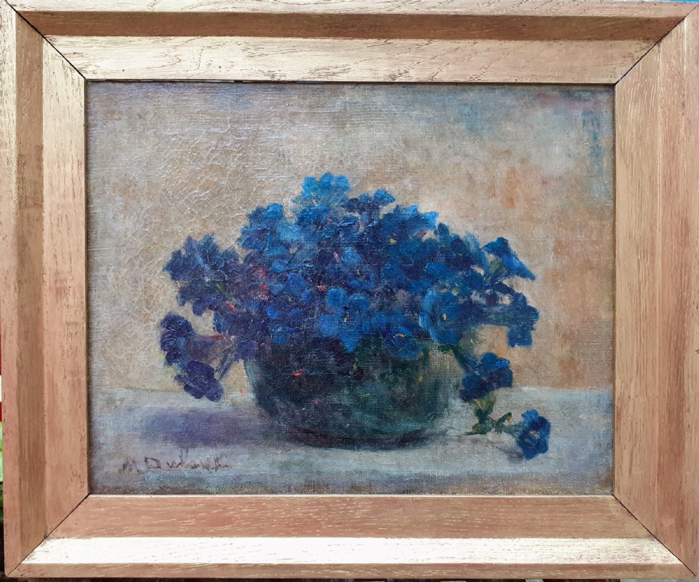 Humble blue petunias, art nouveau period floral still life by French woman artist oil on canvas View V