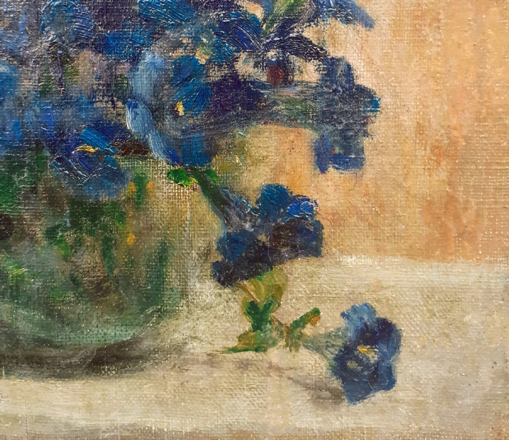 Humble blue petunias, art nouveau period floral still life by French woman artist oil on canvas View II
