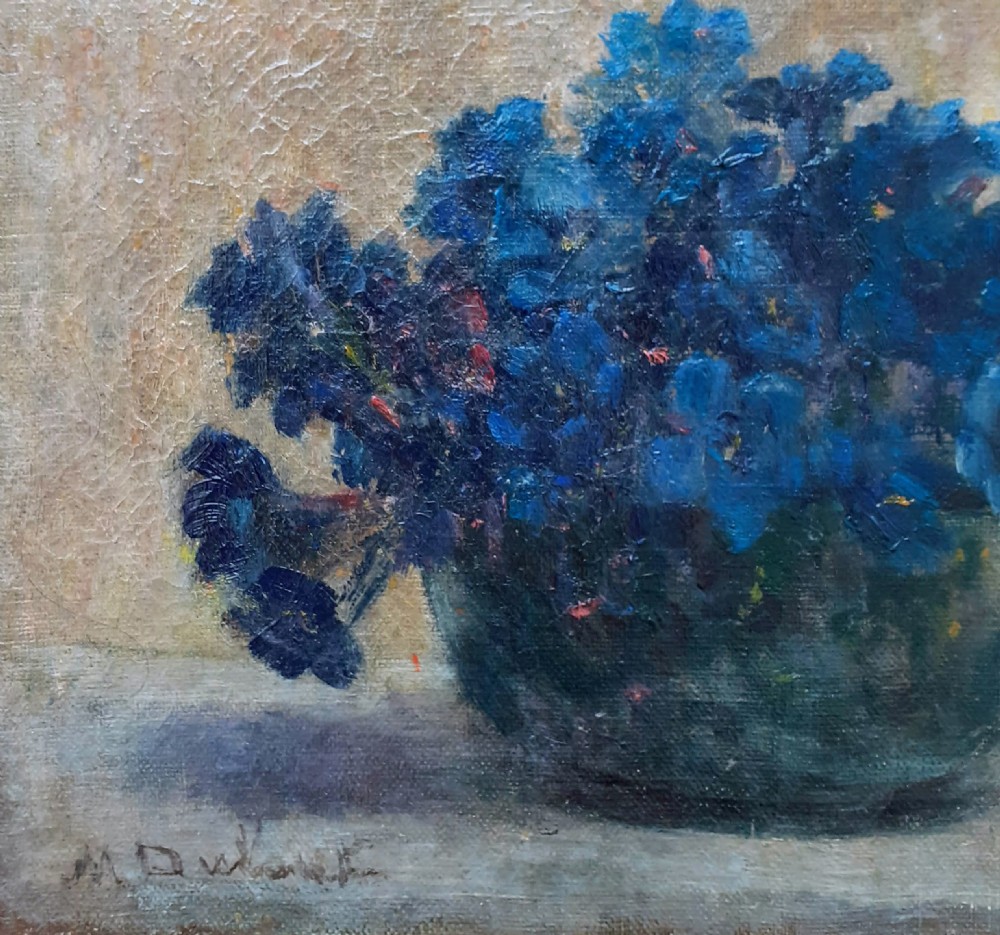 Humble blue petunias, art nouveau period floral still life by French woman artist oil on canvas View III