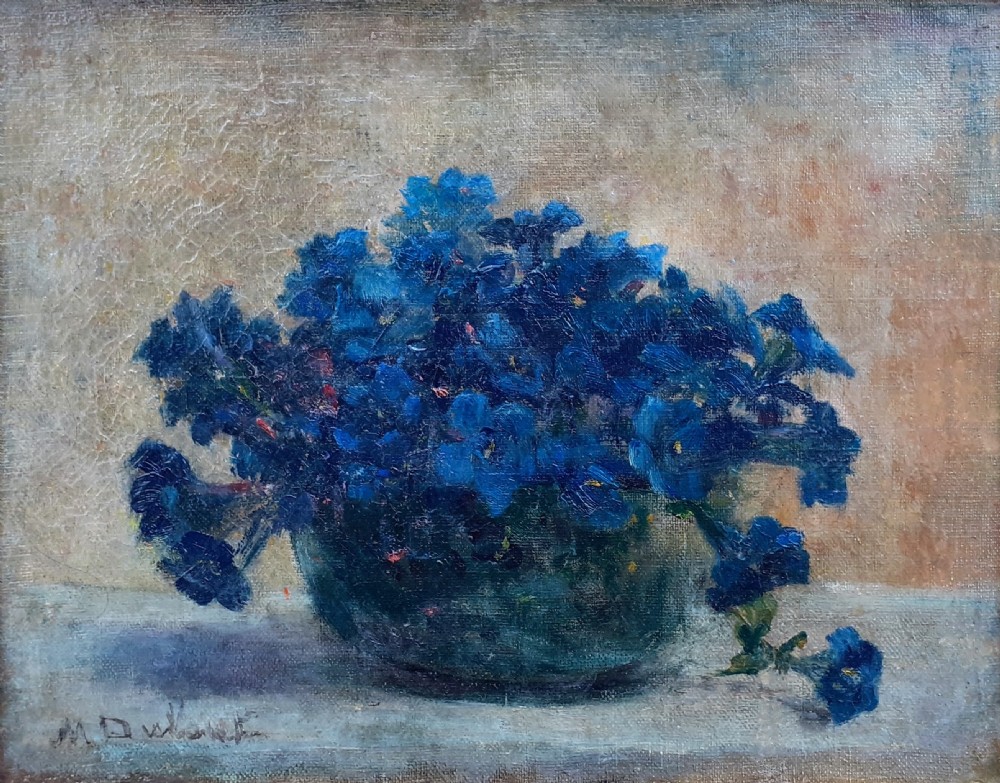 Humble blue petunias, art nouveau period floral still life by French woman artist oil on canvas