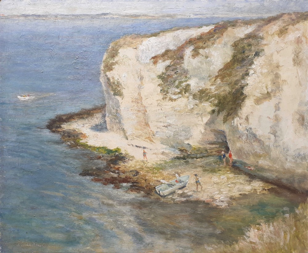 Bathers in a Cove, Dorset English summer beach scene ca 1940s Old Harry Rocks, Studland oil on board British woman artist