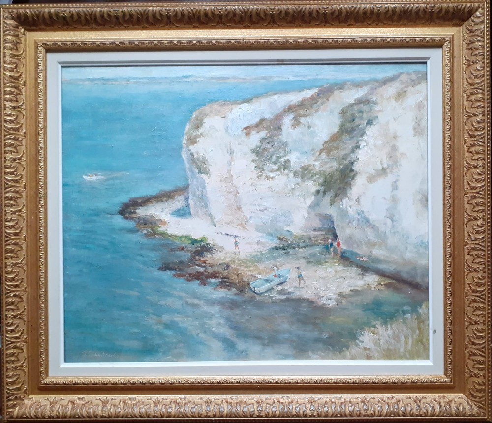Bathers in a Cove, Dorset English summer beach scene ca 1940s Old Harry Rocks, Studland oil on board British woman artist View II