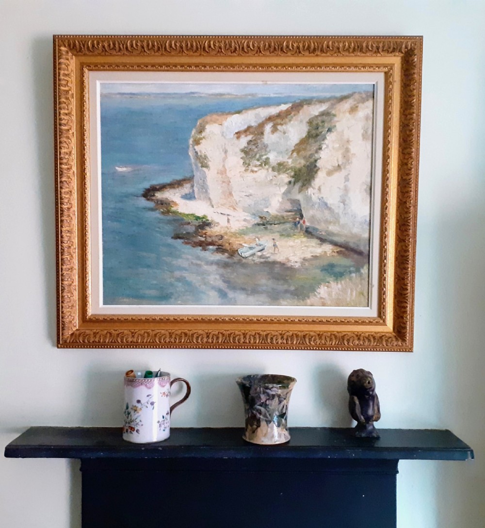 Bathers in a Cove, Dorset English summer beach scene ca 1940s Old Harry Rocks, Studland oil on board British woman artist View III