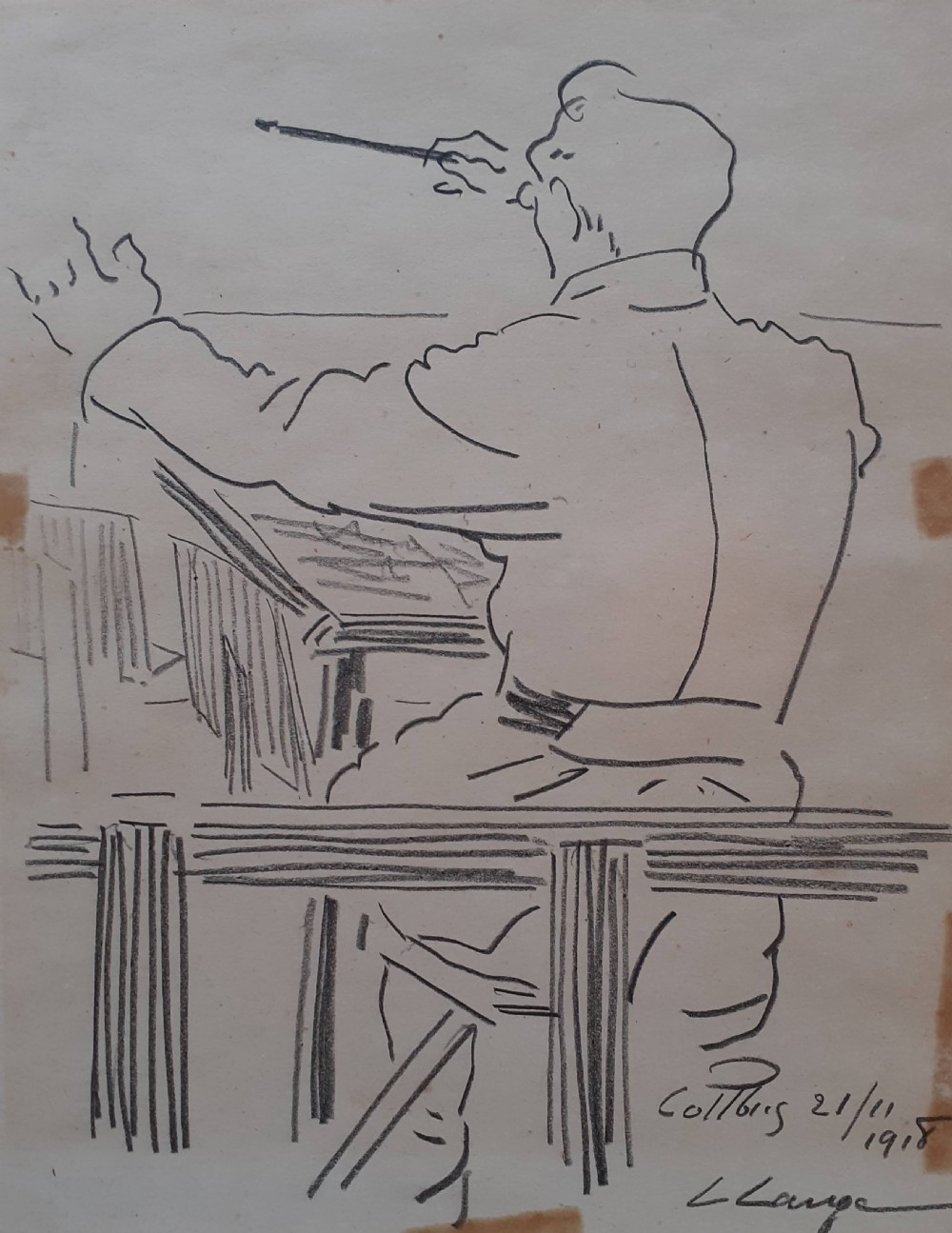 Music, concert the orchestra performance: a conductor, a singer, sketched live 1918 German expressionist graphite drawing View II