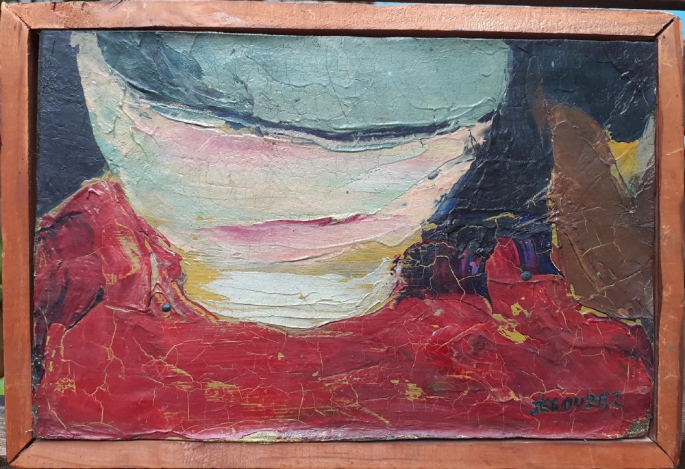 The breakfast bowl: semi abstracted circa 1950 French kitchen still life modernist oil on board View II