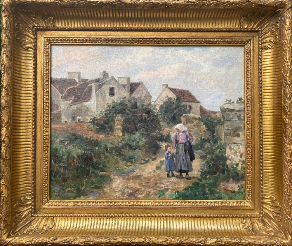 Mother and child, village scene, 1899 French Barbizon style rural landscape oil on canvas View VIII