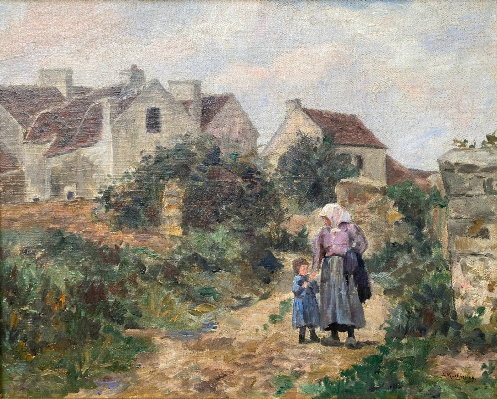 Mother and child, village scene, 1899 French Barbizon style rural landscape oil on canvas