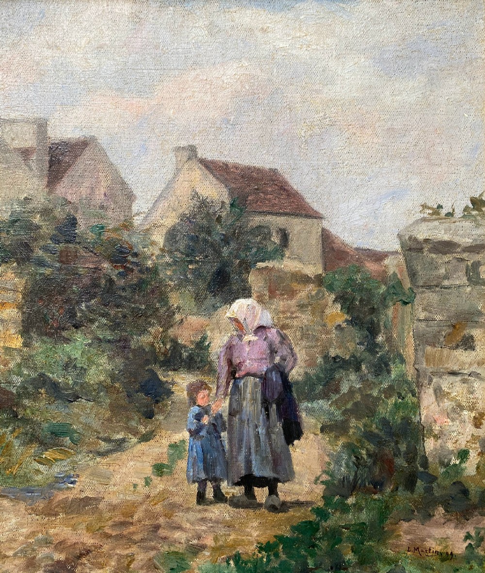 Mother and child, village scene, 1899 French Barbizon style rural landscape oil on canvas View IX