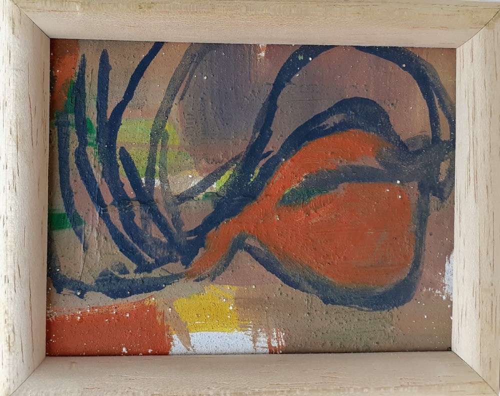 Abstracted miniature painting 1959, onion kitchen still life oil on board  View II
