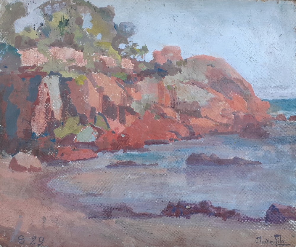An early 20th-century oil painting on board depicting rocky Mediterranean coastal cliffs with small figures resting near the water under a cloudy sky. View II