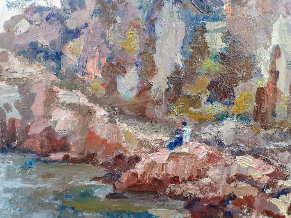 An early 20th-century oil painting on board depicting rocky Mediterranean coastal cliffs with small figures resting near the water under a cloudy sky. View III