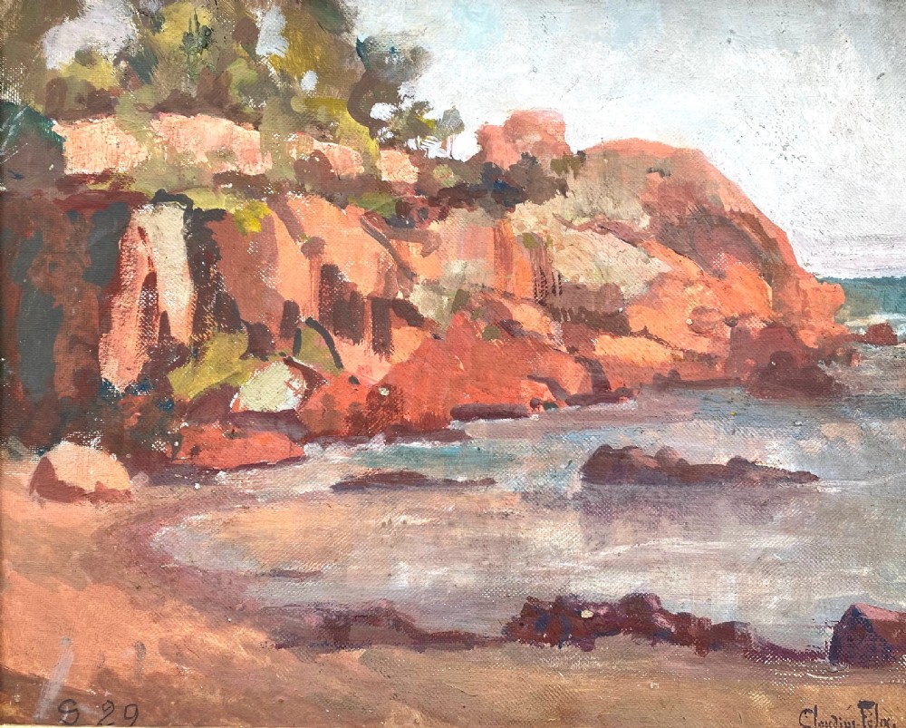 An early 20th-century oil painting on board depicting rocky Mediterranean coastal cliffs with small figures resting near the water under a cloudy sky. View VI