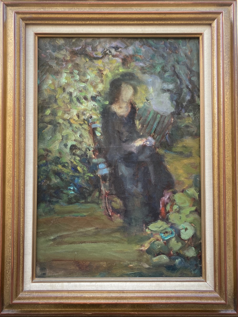 A Post-Impressionist oil painting on canvas depicting a seated figure in dark attire within a dappled green and earthy park background. View II